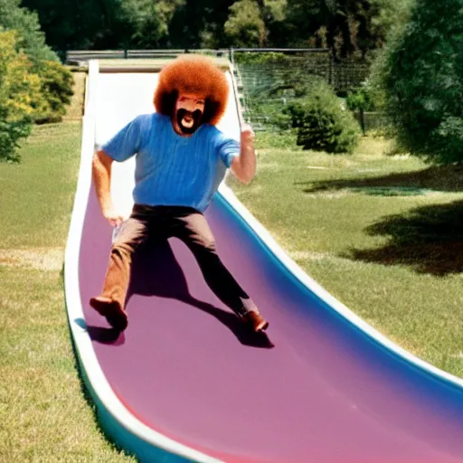 Prompt: bob ross sliding down a giant slide and screaming