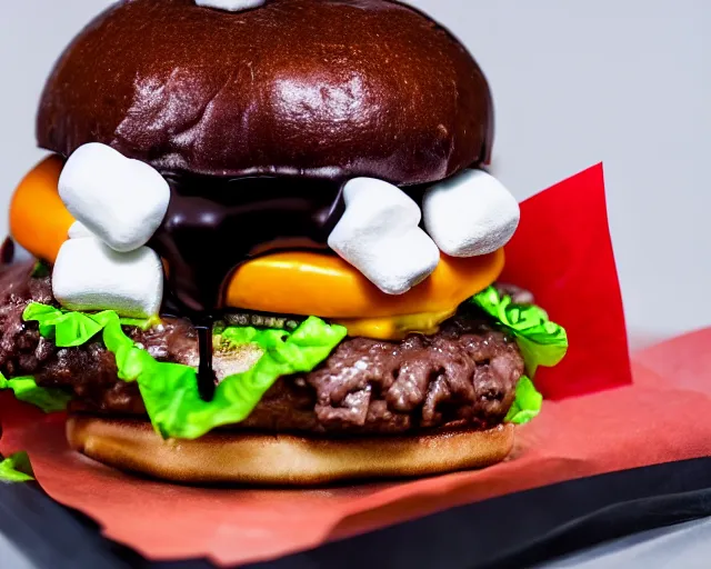 Image similar to dslr food photograph of burger with marshmallows in it, chocolate sauce, 8 5 mm f 1. 8