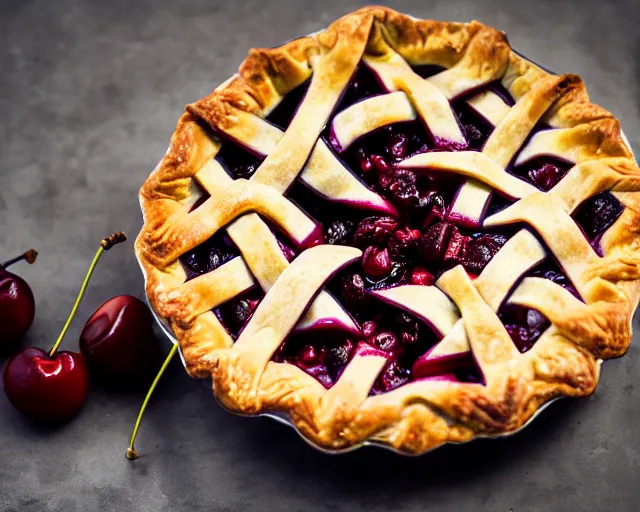 Prompt: dslr food photograph of a cherry pie, 8 5 mm f 1. 4