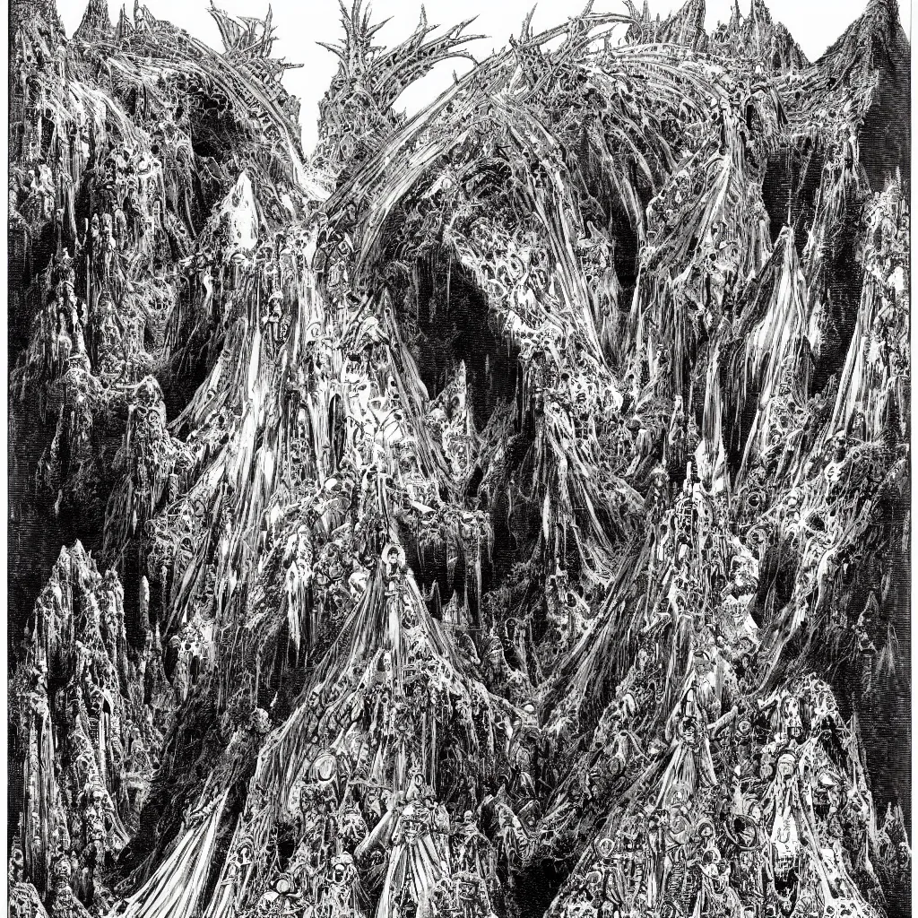 Image similar to hells gates by philippe druillet and gustave dore and much a and moebius and hieronymus bosch