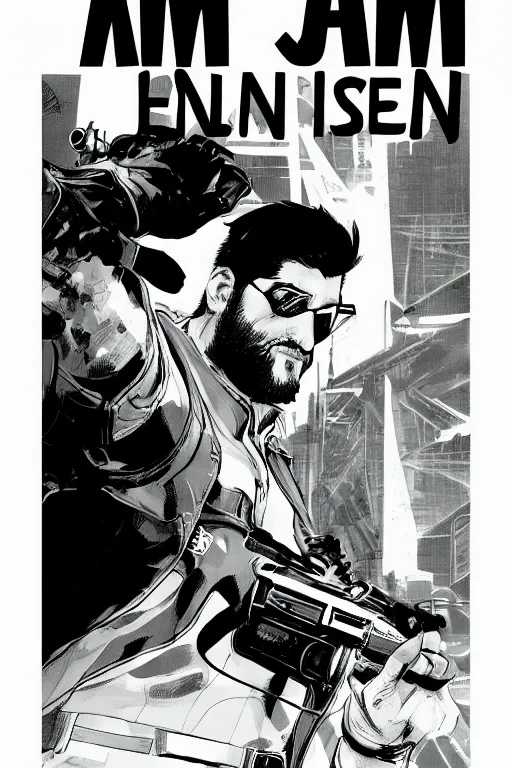 Prompt: adam jensen on a book cover by will eisner