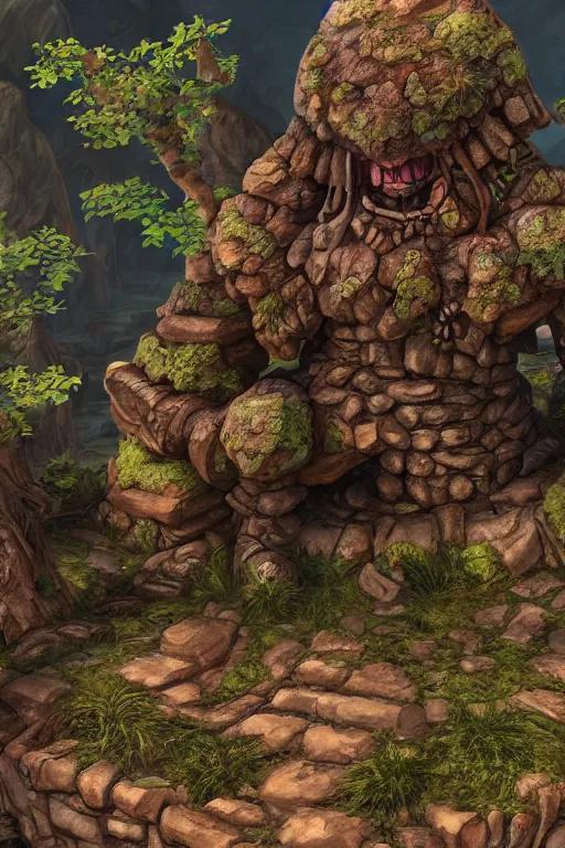 Image similar to zelda fantasy art giant golem troll wood rock greeble gemstone, global illumination ray tracing hdr fanart arstation by sung choi and eric pfeiffer and gabriel garza and casper konefal