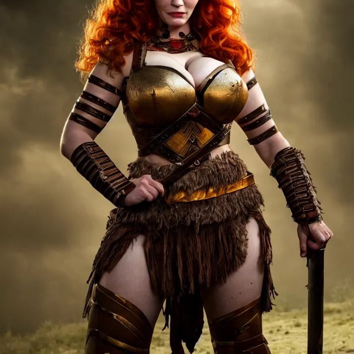 Image similar to full length photograph of a real-life christina hendricks as a amazon warrior, Extremely detailed. 8k