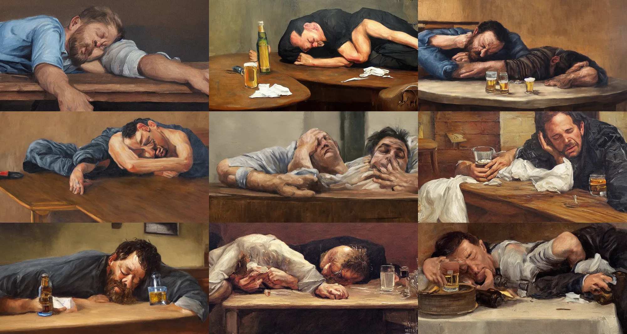 Prompt: drunk man sleeping on a table because he drank too much beer, detailed painting