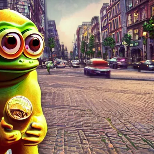 Prompt: pepe frog using the last golden coin to buy soda, city backround, emotional, cinematic, cinematography, photography, highly, defined features, hdr,