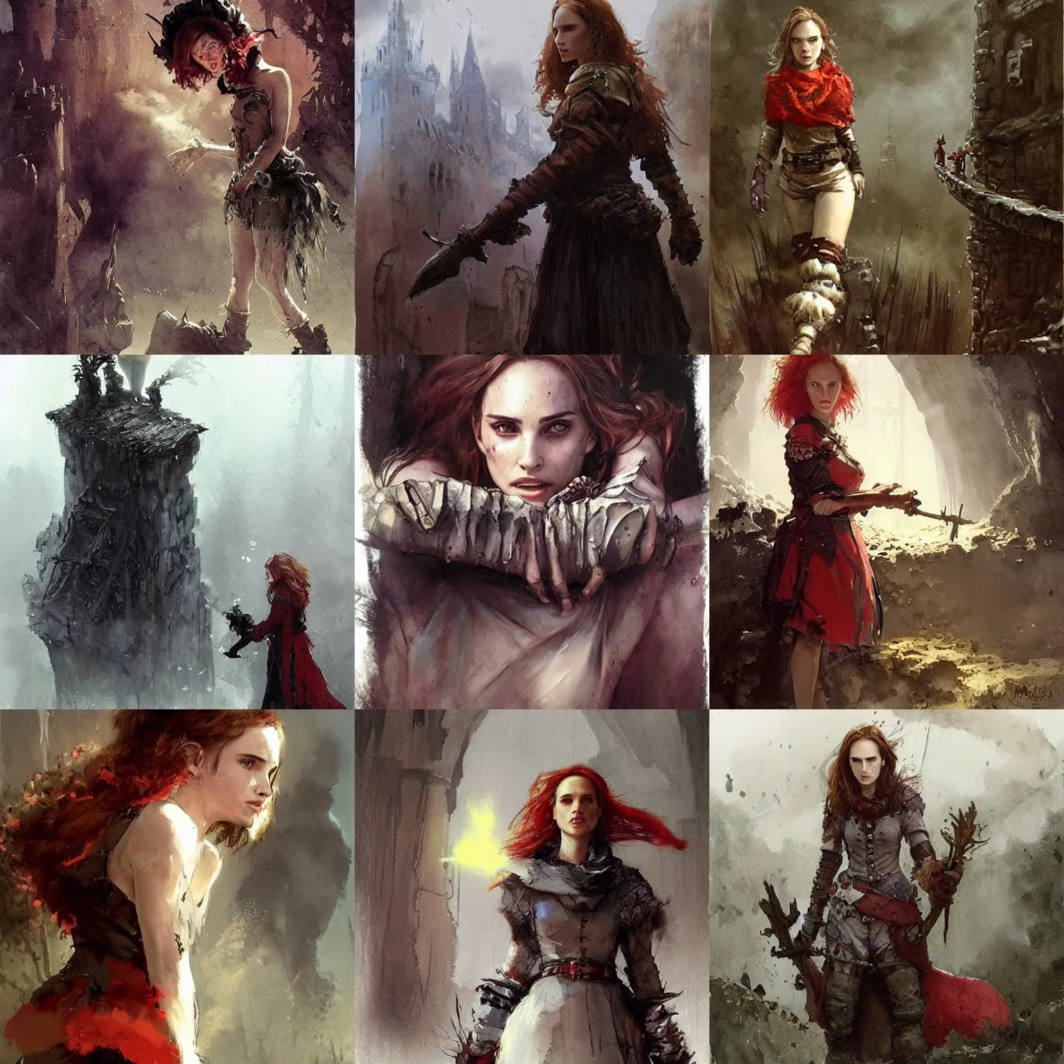 Prompt: fantasy concept art by jakub rozalski, jan matejko, colorful, freckled, young, redhead natalie portman as a ( ( ( cheerful ) ) ), law contrasts, and j. dickenson, ( low key light ), curly haired, clumsy medieval alchemist in a alchemy lab!!. dark shadows