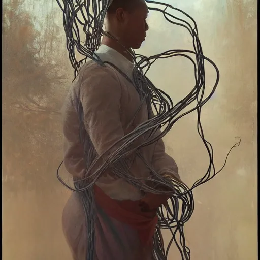 Image similar to hyperrealist portrait of elijah zu bailey, it is decorated with long wires that fall like vines and wears small computers over their body. by jeremy mann and alphonse mucha, fantasy art, photo realistic, dynamic lighting, artstation, poster, volumetric lighting, very detailed faces, 4 k, award winning