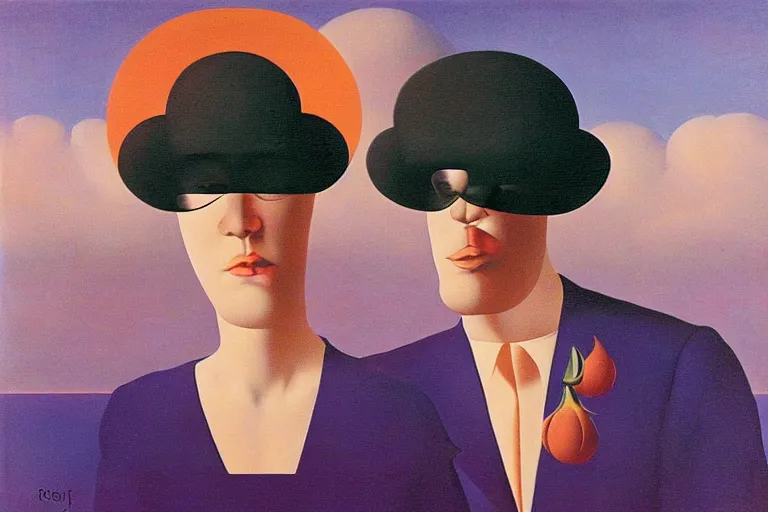 Prompt: abstract in the style of the lovers by rene magritte, hyper detailed, hyper realistic, colorful
