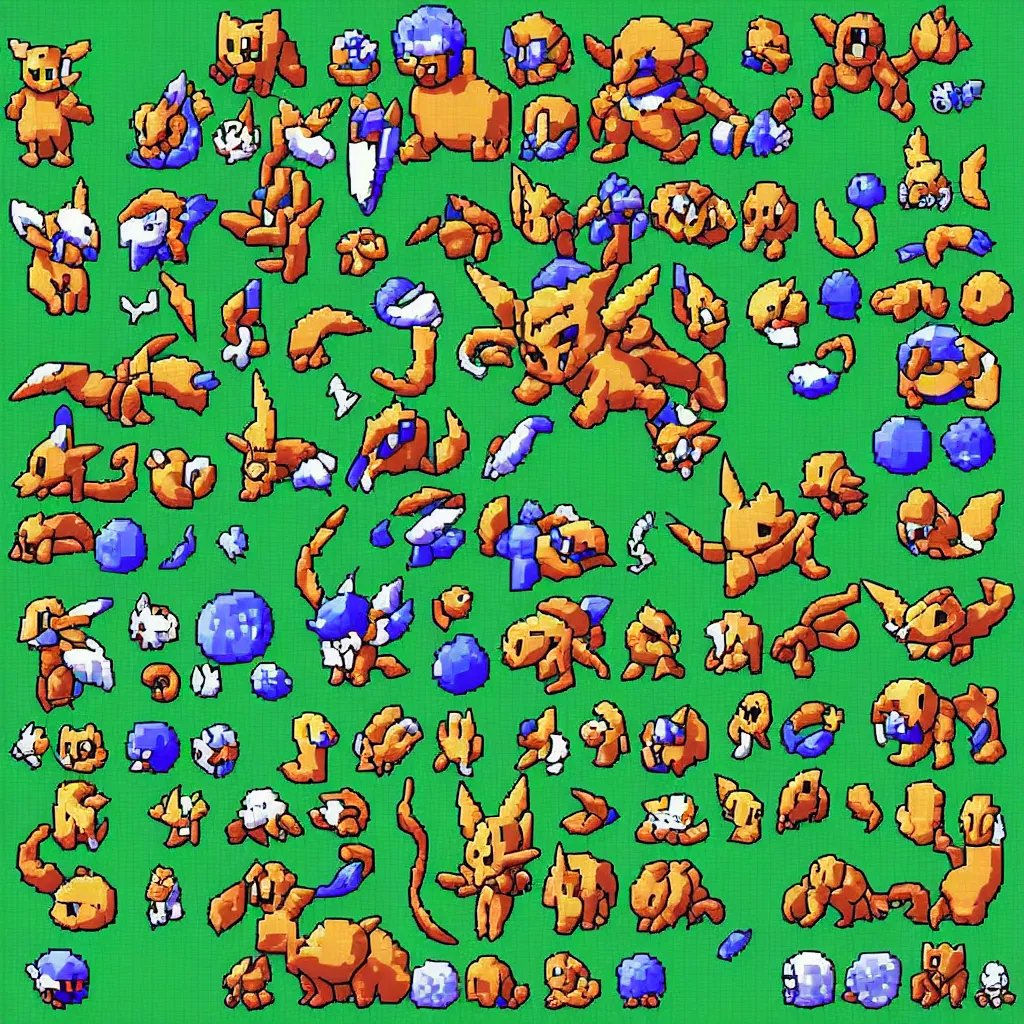 Image similar to pixelated pokemon monster inspired by ragnarok online, 1 2 8 bit, 1 0 0 0 x 1 0 0 0 pixel art, 4 k, super detailed, nintendo game, pixelart, high quality, no blur, sharp geometrical squares, concept pixelart