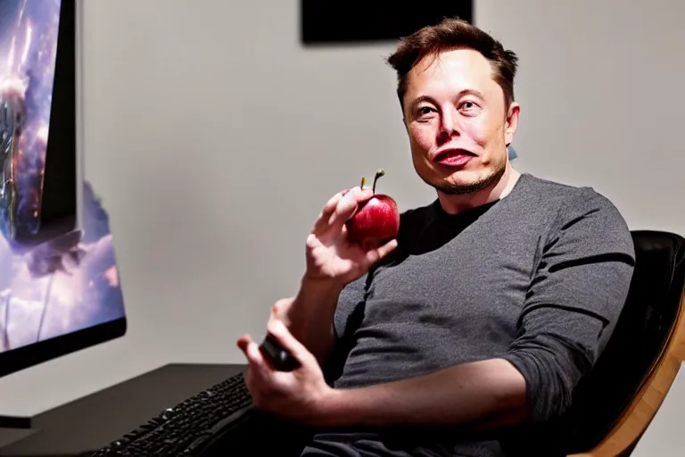 Prompt: elon musk messing around with his new gamer computer while eating apple, 8K, Hyperrealistic, cinematic lighting