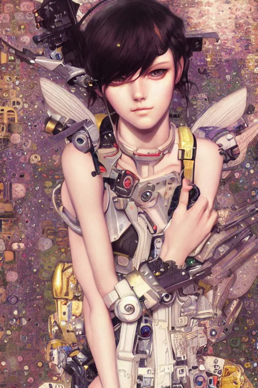 Image similar to portrait of beautiful young fairy cyborg, cyberpunk, Warhammer, highly detailed, artstation, illustration, art by Gustav Klimt and Range Murata and Ilya Kuvshinov and Sakimichan