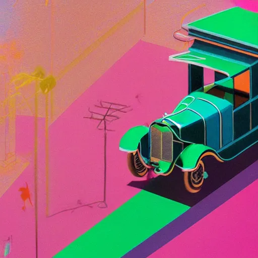 Prompt: 1 9 2 5 noisy excited universe pentagon flamingo hutch emerald car, by victo ngai and evard munch and mark rothko, trending on artstation, seapunk, tilt shift