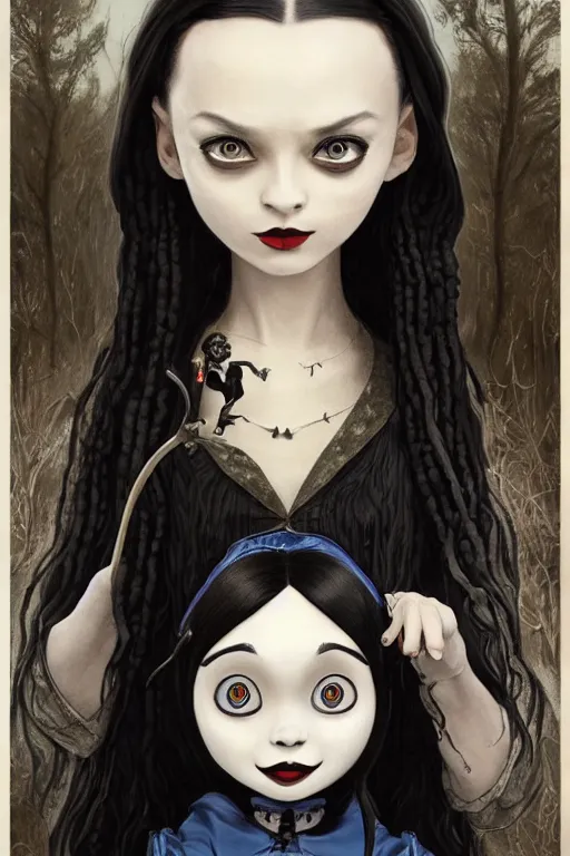 Prompt: beautiful cottagecore snoop dogg as Wednesday Addams holding a Coraline doll, Black Hair, Goth, gothic, castlevania, intricate, elegant, highly detailed, digital painting, artstation, concept art, smooth, sharp, focus, illustration, art by artgerm and greg rutkowski and alphonse mucha