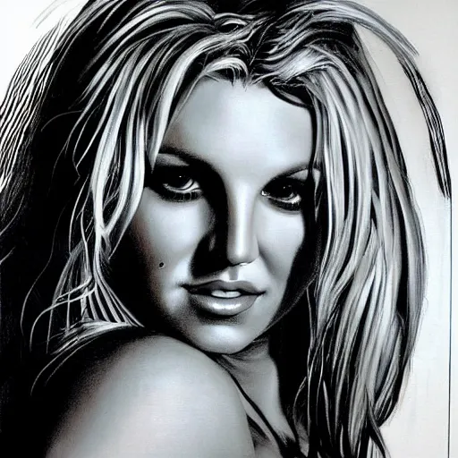 Image similar to detailed portrait of britney spears pencil art, intricate, hyper detailed, realistic, oil painting, by julie bell, frank frazetta, cinematic lighting