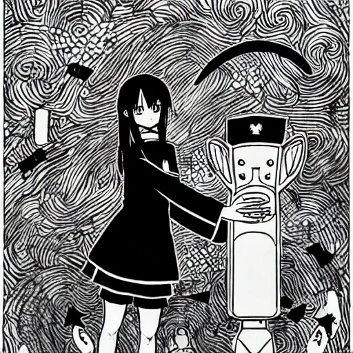 Prompt: anime girl with long dark hair in sailor uniform standing next to a giant sized rabbit, manga, white background, clean lines in dark pen, drawn by junji ito