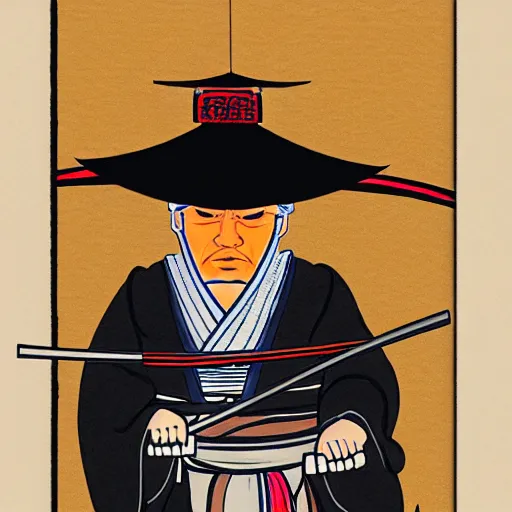 Image similar to donald trump dressed as a samurai holding a katana in a japanese edo period ink block painting, 4 k, hyper realistic, dslr, high resolution, landscape, beautiful
