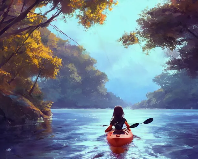 Image similar to a girl in a kayak in a river. blue water, atmospheric lighting. by makoto shinkai, stanley artgerm lau, wlop, rossdraws, james jean, andrei riabovitchev, marc simonetti, krenz cushart, sakimichan, d & d trending on artstation, digital art.