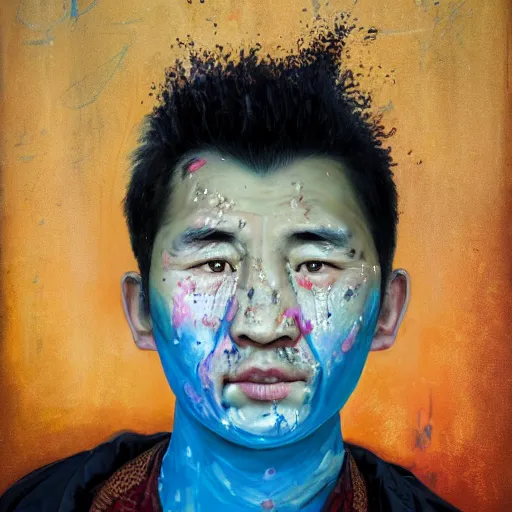 Image similar to photorealistic face portrait of chinese uyghur muslim prisoner, lots of spilled paint, wearing victorian rags, elite, disfigured, drooling, moist, unnatural movement, they are unhappy, bizzaro, baroque, renaissance, by emedios varo and anato finnstark and fenghua zhong, hyperrealism, 8 k, 3 d, masterpiece, texture