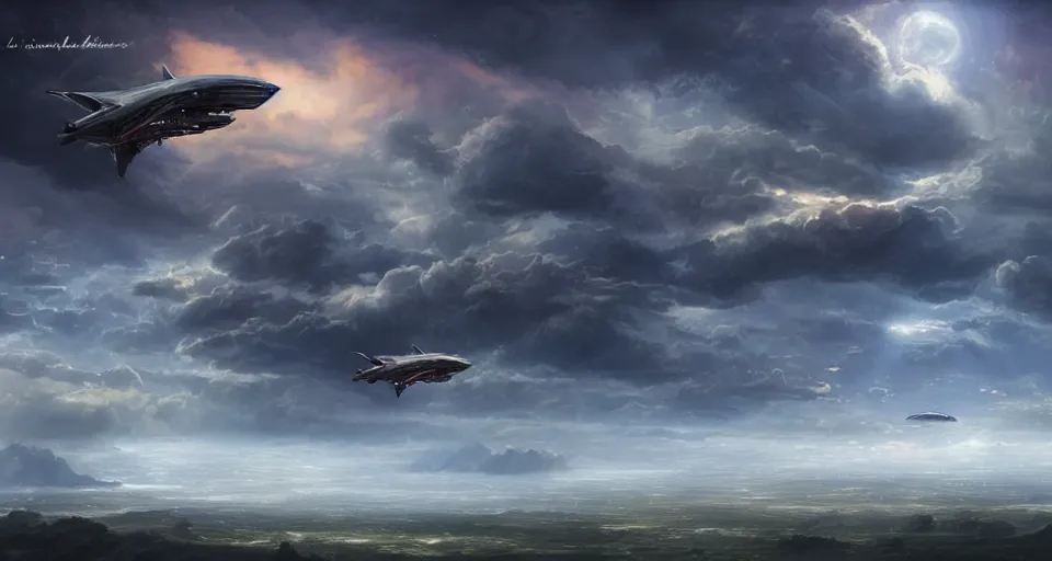 Prompt: a beautiful matte painting of flying sci - fi spaceships and airships in summer sky, digital art by burdisio alejandro, digital, landscape, fantasy, sci - fi, dark