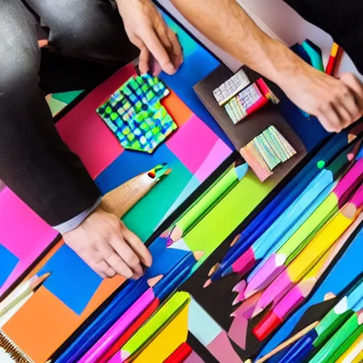 Prompt: man surrounded by colored pencils and papers