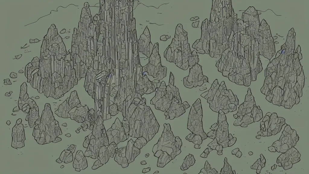 Prompt: Aerial view of a wizard tower next to a few mines and a few caves, lineart, colored