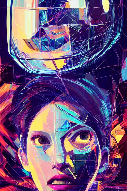 Prompt: fisheye portrait, digital painting, an beautiful, crazy hacker girl, lost in code, synthwave, glitch!!, fractured reality, refraction, realistic, hyperdetailed, night, concept art, art by syd mead, cubism