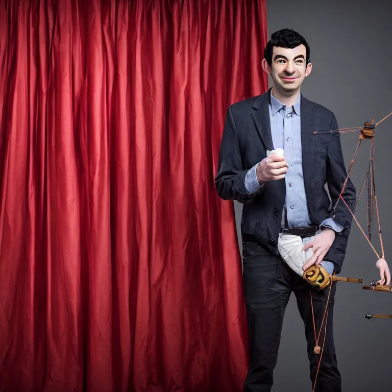 Prompt: dslr photograph of nathan fielder from nathan for you behind a puppet stage with a red curtain controlling a single marionette by the strings, high detail, 8 k, photorealism, sharp focus, volumetric lighting