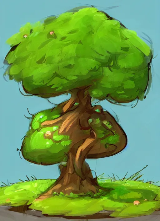 Prompt: cartoon tree with green leaves and a green plant, concept art by senior environment artist, artstation, environmental art, 2 d game art, concept art, sketchfab