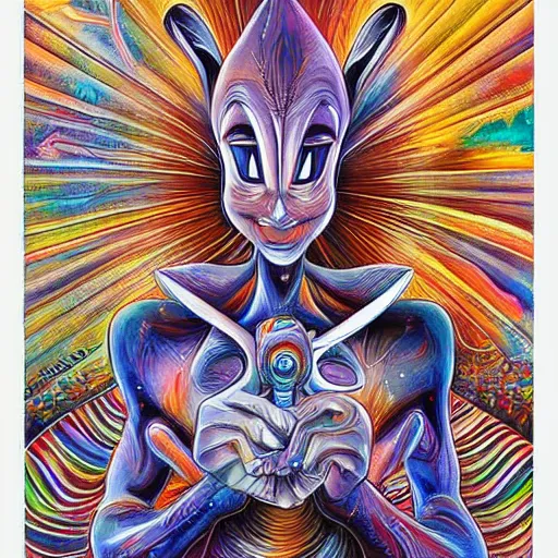 Image similar to Bugs bunny x holding an uzi painting by android jones in the style of cosmic christ by alex grey