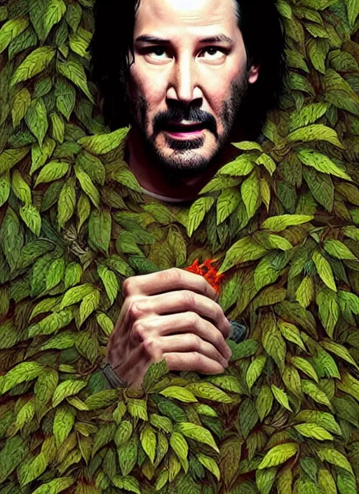 Prompt: highly detailed comedy caper movie poster with silly wacky zany keanu reeves as a sentient pile of leaves, keanu reeves green face as tree sentient leafy bush by greg rutkowski, masterpiece, really funny, 1 0 / 1 0 comedy