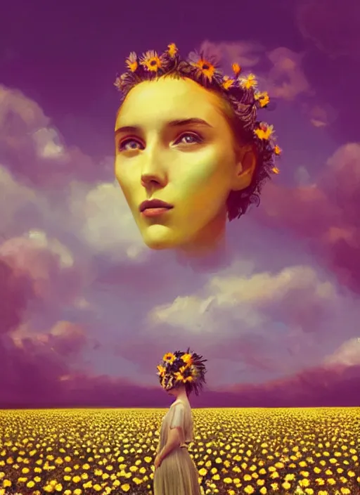 Image similar to portrait of a female face made of giant daisies, standing in a flower field, holding flowers, surreal photography, sunset dramatic light, impressionist painting, colorful clouds, large sky, digital painting, artstation, simon stalenhag