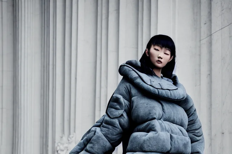 Image similar to well lit fashion shoot portrait of extremely beautiful female marble statue wearing huge over size puffer jacket by dingyun zhang, yeezy, balenciaga, vetements, a cold wall, sharp focus, clear, detailed,, cinematic, detailed, off white, glamourous, symmetrical, vogue, editorial, fashion, magazine shoot, glossy