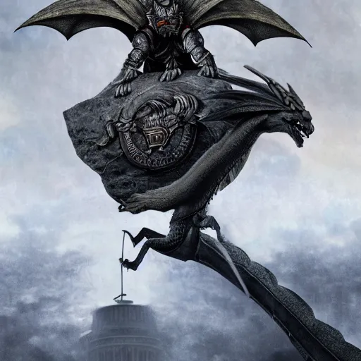 Image similar to a viking flies aboard a dragon holding the severed head of donald trump over the white house, highly detailed, 8 k