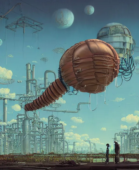 Image similar to inflated industrial plant made from isopod lobster octopus, in the style of puffy spaceship, overgrown with orchids, partly cloudy, spooky, dramatic lighting, by geof darrow, bill sienkiewicz, dan mumford, yusuke murata, makoto shinkai, ross tran, cinematic, unreal engine, cel shaded, featured on artstation, pixiv