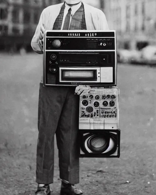 Image similar to a vintage photo of a man with a boombox instead of a head