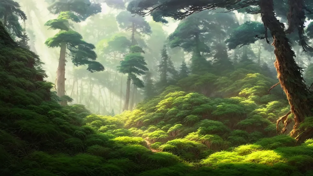 Image similar to forest clearing landscape, studio ghibli, pixar and disney animation, sharp, rendered in unreal engine 5, highly detailed, digital painting, artstation, concept art, smooth, sharp focus, illustration, wide angle, artbook, wallpaper, splash art, promo art, dramatic lighting, art by artgerm and greg rutkowski and bo chen and jin xiaodi