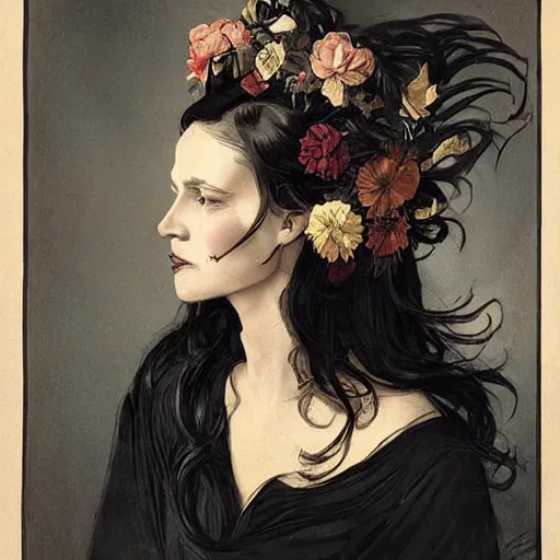 Image similar to epic portrait an woman with a skull face and wet flowing hair, flower crown, made by j. c. leyendecker