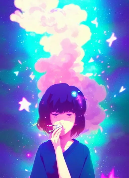 Prompt: portrait of a very cute girl blowing a vape cloud of psychedelic galaxies, smoke made of stars, white background, illustration concept art anime key visual, very trippy and abstract, trending pixiv fanbox by wlop and greg rutkowski and makoto shinkai and studio ghibli and kyoto animation