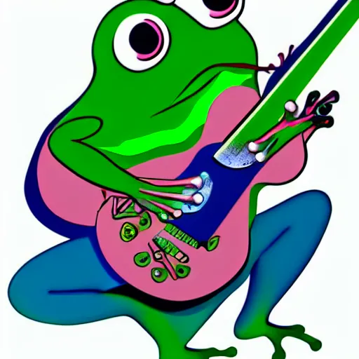 Prompt: cute frog playing on guitar, digital art, blue background, modern
