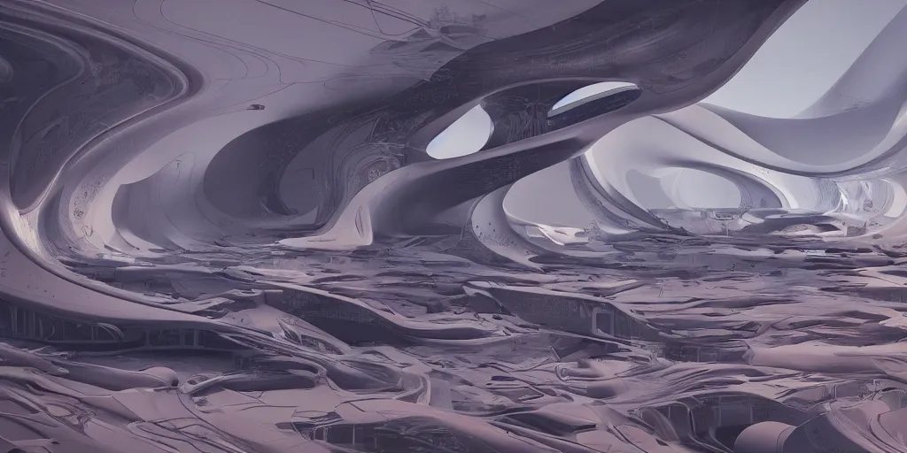 Image similar to landscape painting by james jean with zaha hadid architecture , redshift, octane