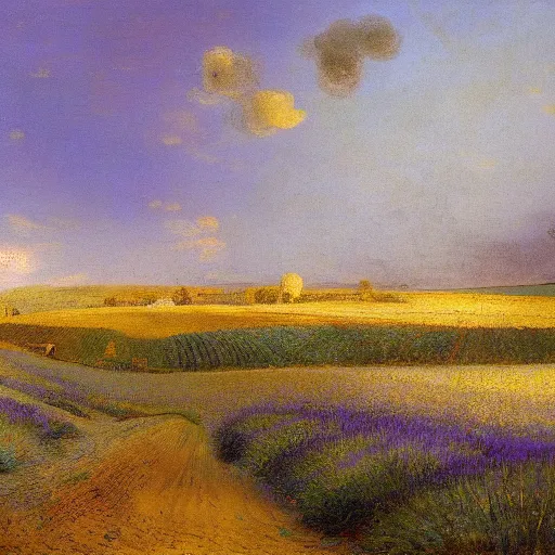 Prompt: oil painting of lavender field, highly detailed, golden hour by rembrandt van rijn