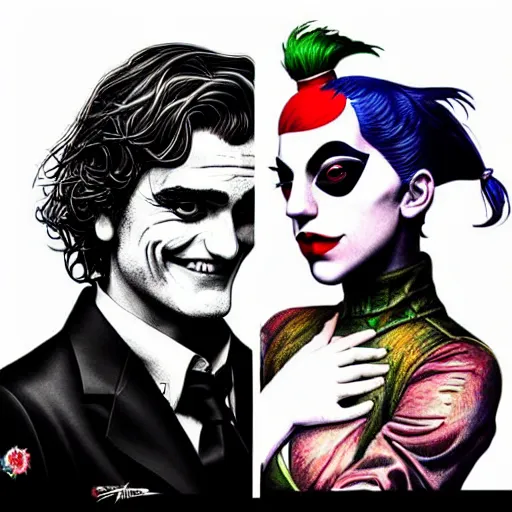 Image similar to artgerm and mimmo rottela and banksy as joaquin phoenix skinny joker holding hand lady gaga harley queen, ultra photorealistic, intricate details, pop art style, baroque, hyperdetailed, concept art, ultrarealistic, 3 colors, smooth, sharp focus