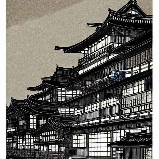 Image similar to a beautiful ink painting of buildings in japanese traditional style, in the style of hiroshi yoshida, at night, light effect, detailed, high - definition, exquisite isolated very detailed, moody lighting, 8 k highly detailed, trending on artstation