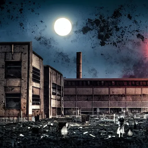 Prompt: ruins of a factory in the night enlightens by the full moon, there are zombies walking around, photorealistic