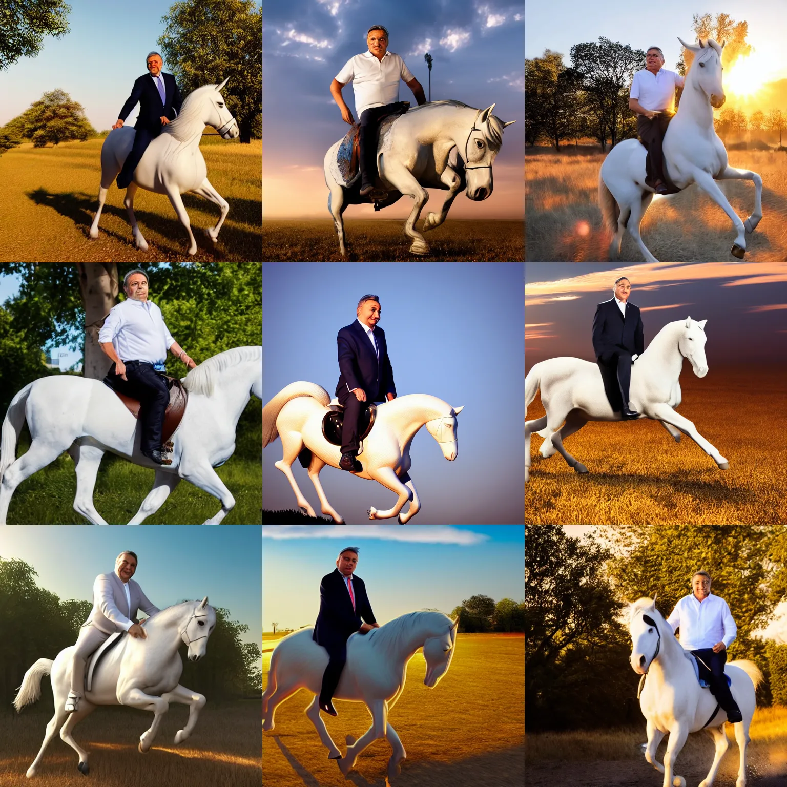 Prompt: prime minister Viktor Orban riding a white horse, glorious, ray tracing, 4k golden hour