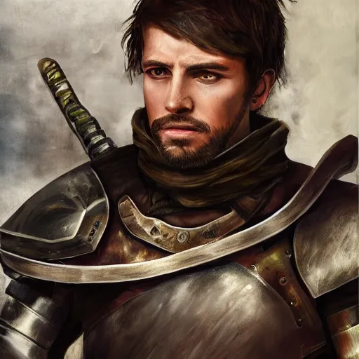 Image similar to realistic painting character portrait young scarred captain knight with a steel breastplate, short brown hair and stubble. straight nose, brown eyes, lean face and build. holding a longsword with a longbow on his back. hyper detailed