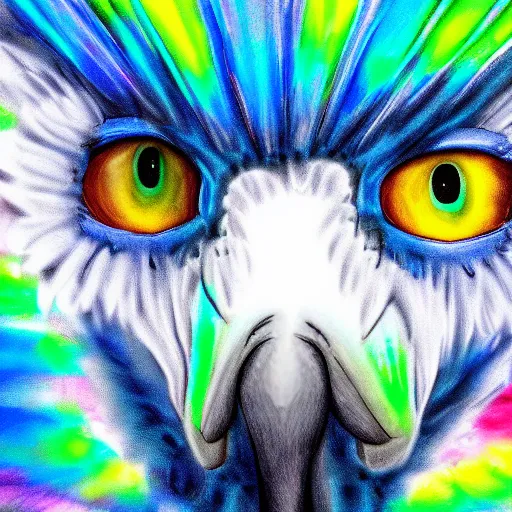 Prompt: a derpy white cockatoo with blue eyes at a rave party, 4 k, detailed, very colorful, realistic