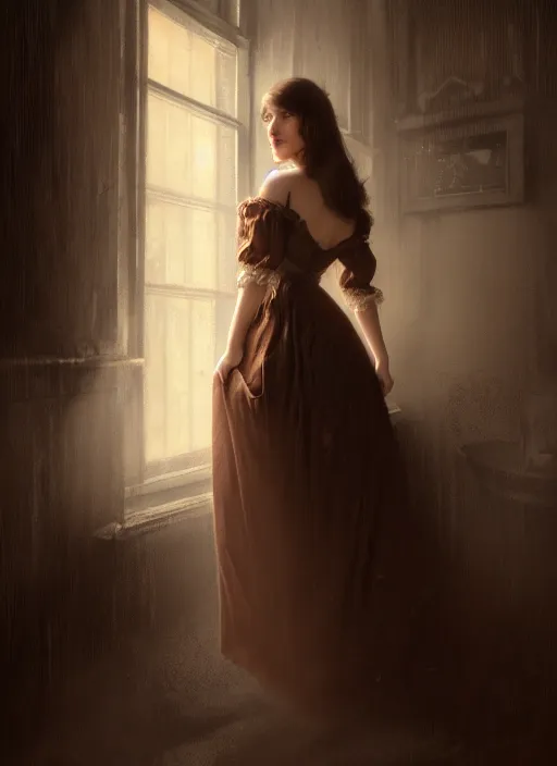 Prompt: a beautiful brown - haired young woman with an sexy old dress of the 1 9 th century in in the entrance of the house of horrors, intricate, elegant, highly detailed, digital painting, artstation, concept art, smooth, sharp focus, illustration, ethereal, misty, by ilya kuvshinov and jeremy mann, 8 k, octane render