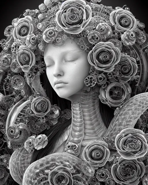 Image similar to mythical dreamy black and white organic bio - mechanical spinal ribbed profile face portrait detail of translucent steampunk beautiful female angelic - human - queen - vegetal - cyborg, highly detailed, intricate crystal ivy jelly ornate, poetic, translucent roses ornate, 3 d render, digital art, octane render, 8 k artistic photography, photo - realistic, by dora maar