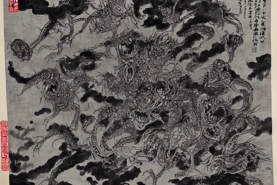 Prompt: many alien monsters are fighting with chinese immortals, traditional chinese ink painting, stable diffusion.